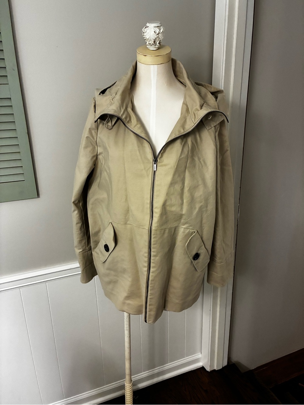 Jones New York Khaki Hooded Zip-Front Trench Coat